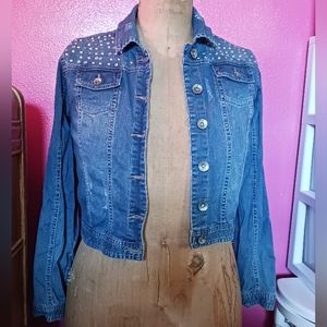 Justice Distressed Denim Jean Jacket with Silver Bedazzle Detail Size 18